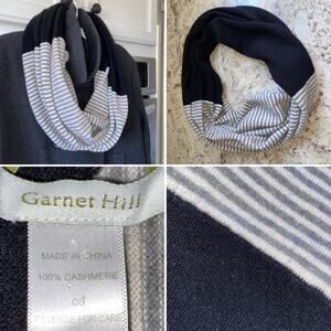 Garnet Hill 100% Cashmere GRAY & BLK White Stripe Infinity Scarf EUC